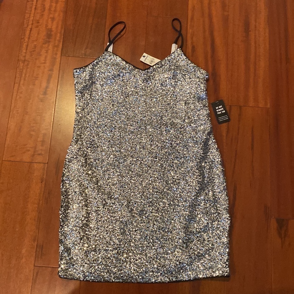 Express Silver Sequin V-neck slip dress - Picture 2 of 6